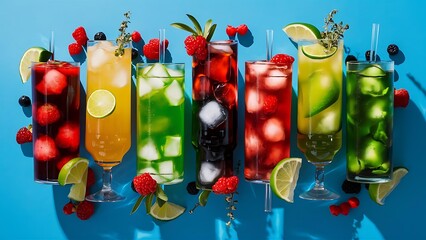 Obraz premium Cocktails drinks. Classic alcoholic long drink or mocktail highballs with berries, lime, herbs and ice on blue background