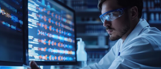 Focused scientist analyzing data on computer screens in a modern laboratory environment. Innovations in technology and research.