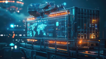 Fototapeta premium Futuristic cargo container with glowing panels and a world map, showcasing advanced technology in a sci-fi environment.