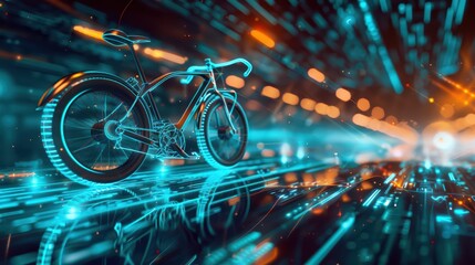Futuristic bicycle with glowing neon elements, set against a dynamic background of light trails, symbolizing speed and innovation.