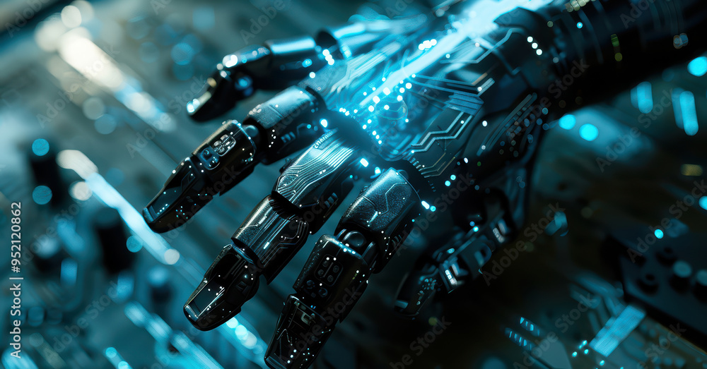 Poster futuristic robotic hand with glowing circuitry, showcasing advanced technology and innovation in a c
