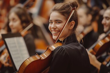 A beautiful smiling woman plays the violin in a Symphony orchestra on the stage of a concert hall,...