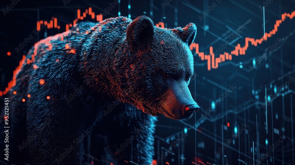 Poster a bear is standing in front of a graph with red lines