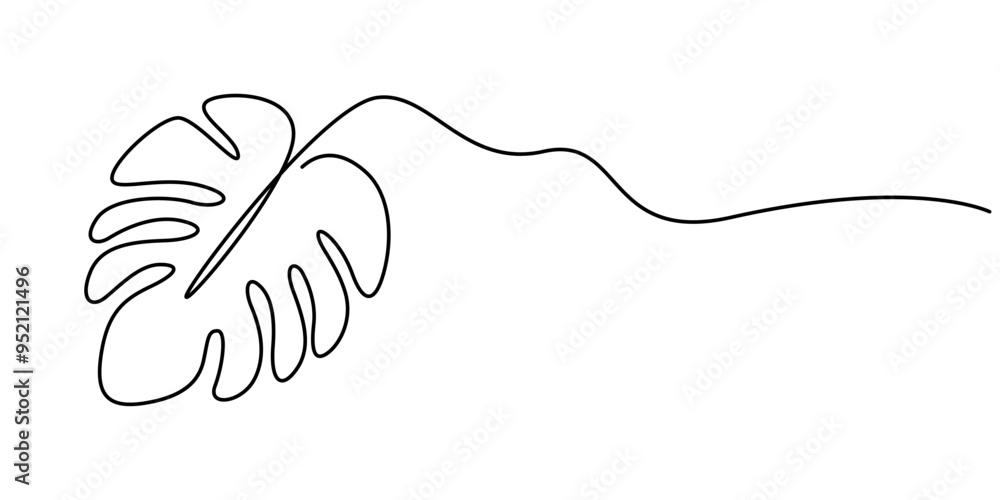 Poster continuous line drawing of monstera esqueleto leaf with editable stroke, continuous line drawing of 