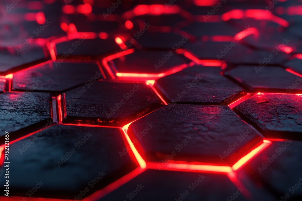 Poster 3d render of hexagon shaped tiles with red neon lights on dark background