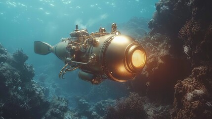 Steampunk-inspired submarine exploring the deep sea
