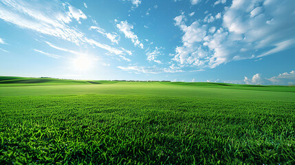 Obraz premium peaceful calm photo of a field of grass at the day with the blue sky and the white clouds