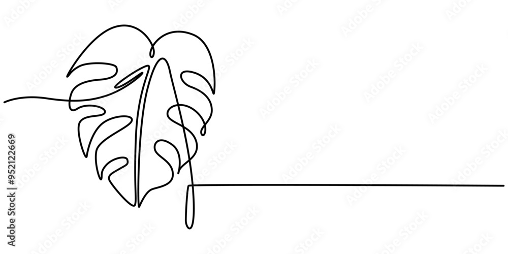 Poster continuous line drawing of monstera esqueleto leaf with editable stroke, continuous line drawing of 