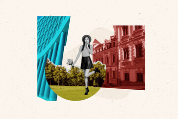 Creative collage young shocked woman flowers bouquet traveler excursion sightseeings city town tourist agency drawing background