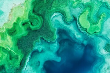 Aerial perspective of a massive plankton bloom spreading across the ocean surface, forming intricate patterns and swirls of green