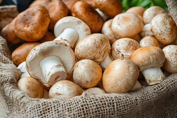 A bountiful assortment of mushrooms, including the button variety, displayed in a rustic basket, showcasing fresh ingredients.
