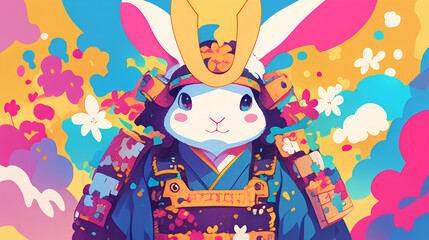 Naklejka premium Cute rabbit wearing Japanese samurai armor, cool poses, cute kawaii, simple, smiling happy. neon psychedelic background