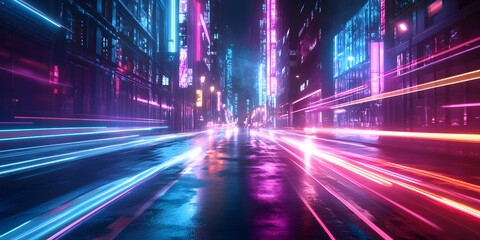 Fototapeta premium A Neon Wonderland: Exploring the Luminous City Street at Night Full of Energetic Vibes and Colors. Glottime Concept