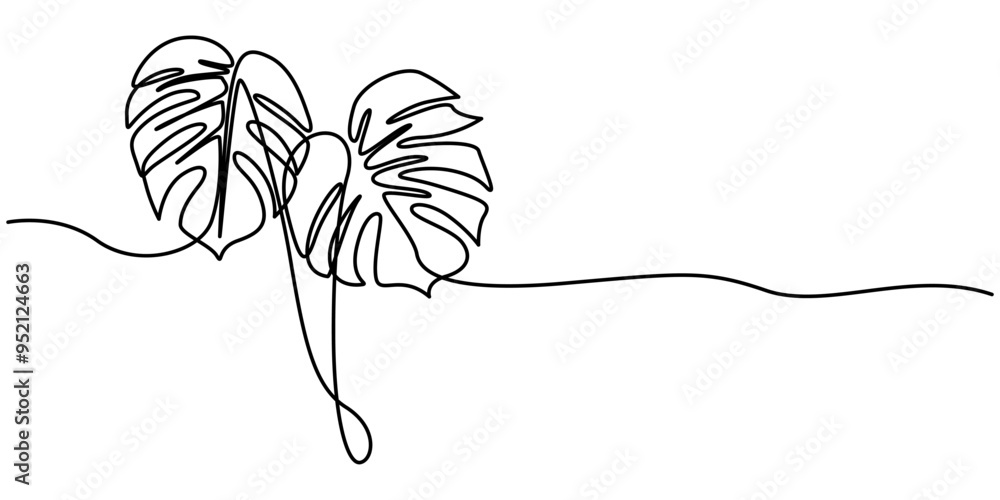 Poster continuous line drawing of monstera esqueleto leaf with editable stroke, continuous line drawing of 
