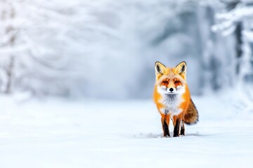 Obraz premium A beautiful fox stands gracefully in a snowy landscape, showcasing its vibrant fur against a serene winter backdrop.