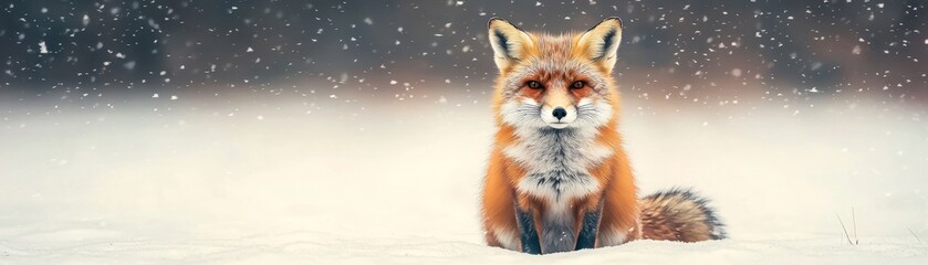 Fototapeta premium A beautiful red fox sits gracefully in the snow, capturing the serene essence of winter wildlife in a captivating landscape.