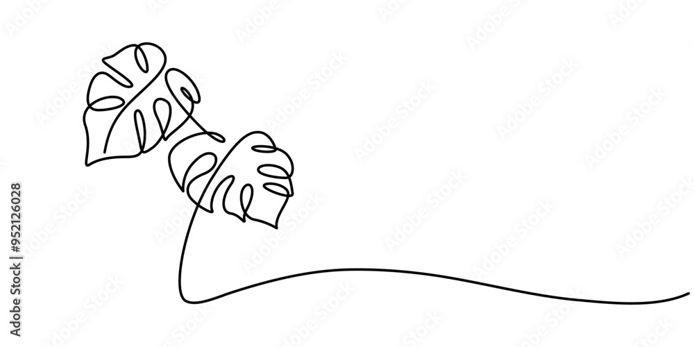 Poster continuous line drawing of monstera esqueleto leaf with editable stroke, continuous line drawing of 