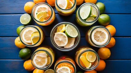 Top view of detox drinks in jars with citrus fruits on blue wooden surface