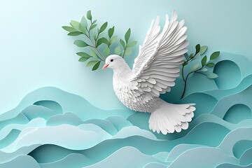 Paper cut dove with olive branch, flying over abstract blue hills.
