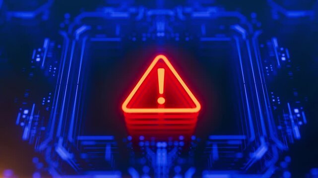 Warning icon on a digital LCD display with reflection. Concept of cyber attack, malware, ransomware, data breach, system hacking, virus, spyware, compromised information and urgent attention.