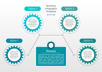 4 steps business infographic template, text frame on cogs with polygon line, also with center banner