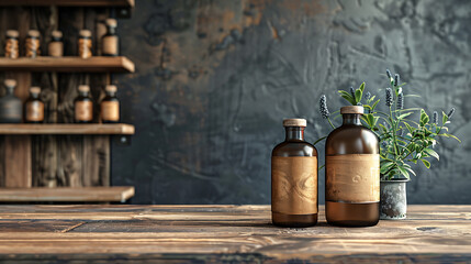 Naklejka premium Two amber glass bottles with cork tops and a vintage label sit on a rustic wooden table with a plant in a tin container next to them.