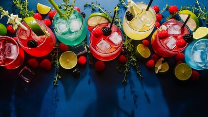 Cocktails drinks. Classic alcoholic long drink or mocktail highballs with berries, lime, herbs and ice on blue background