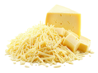 Grated and cubed cheese on a clean white background for cooking use, transparent