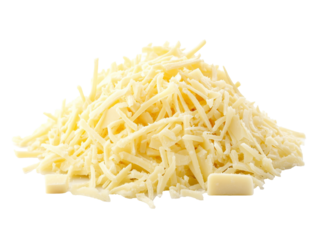 Shredded cheese pile on white surface ready for cooking or baking, transparent