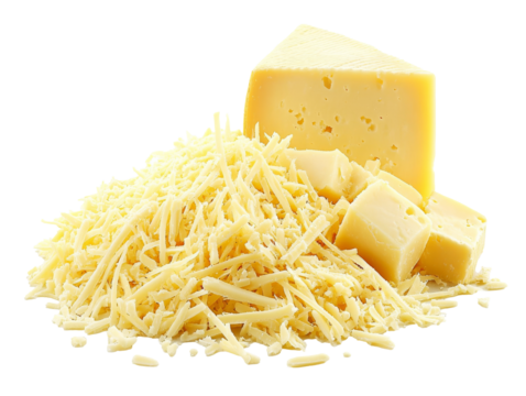 Grated and cubed cheese on a clean white background for cooking use, transparent