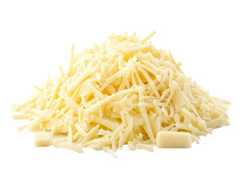 Shredded cheese pile on white surface ready for cooking or baking, transparent