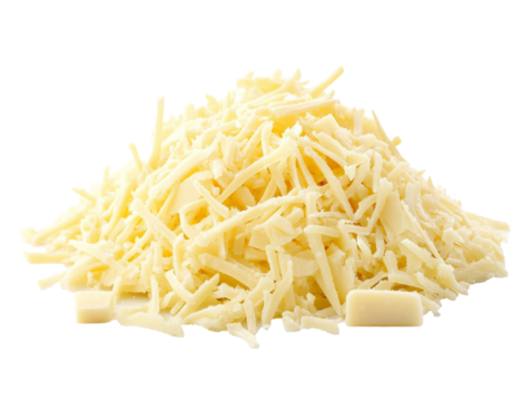 Shredded cheese pile on white surface ready for cooking or baking, transparent