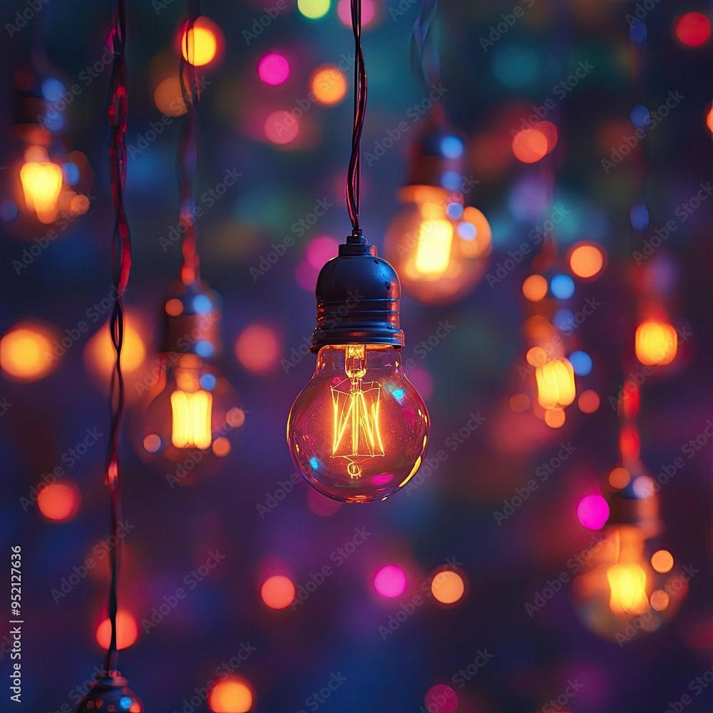 Wall mural a string of colorful light bulbs hanging from up. the lights create an enchanting atmosphere with th