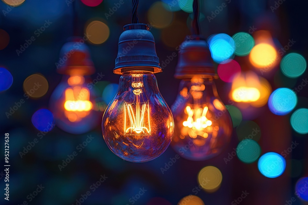 Wall mural a string of colorful light bulbs hanging from up. the lights create an enchanting atmosphere with th