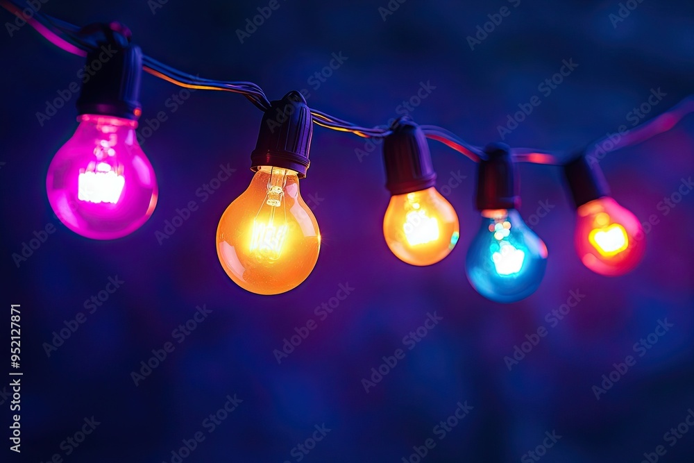 Canvas Prints a string of colorful light bulbs on a dark purple background
