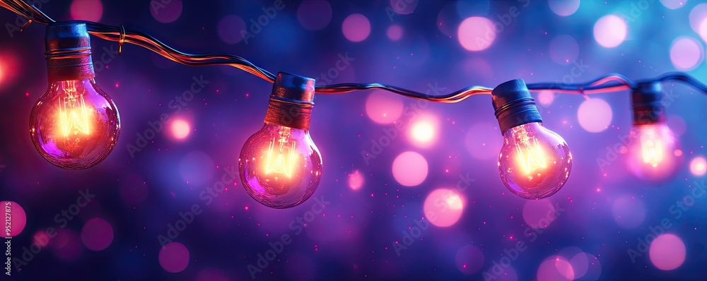 Canvas Prints a string of colorful light bulbs on a dark purple background