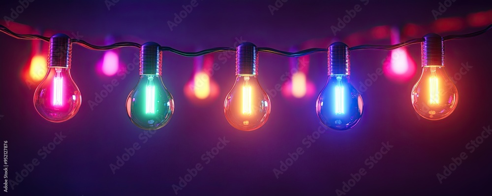 Canvas Prints a string of colorful light bulbs on a dark purple background