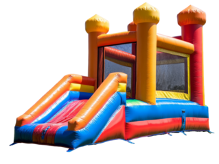 Colorful inflatable bounce house with slide for outdoor fun, transparent