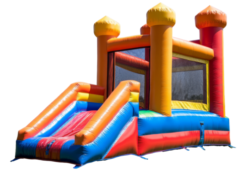 Colorful inflatable bounce house with slide for outdoor fun, transparent