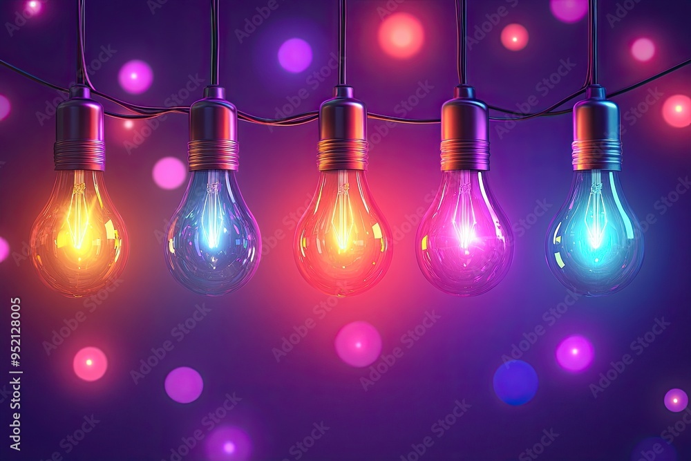 Canvas Prints a string of colorful light bulbs on a dark purple background