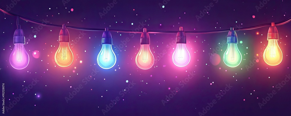 Canvas Prints a string of colorful light bulbs on a dark purple background