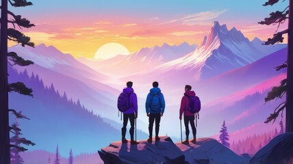 Fototapeta premium Stylized illustration of a mountain landscape with a forest and hiker tourists with backpacks enjoying the view at sunset