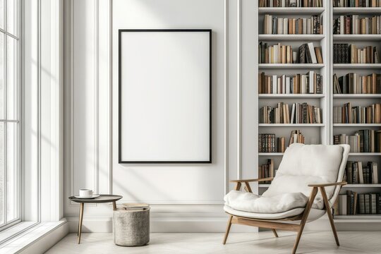 A cozy reading nook featuring a chair, bookshelf, and empty frame.