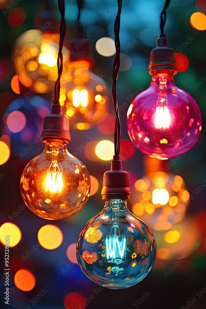 Poster a string of colorful light bulbs hanging from up. the lights create an enchanting atmosphere with th
