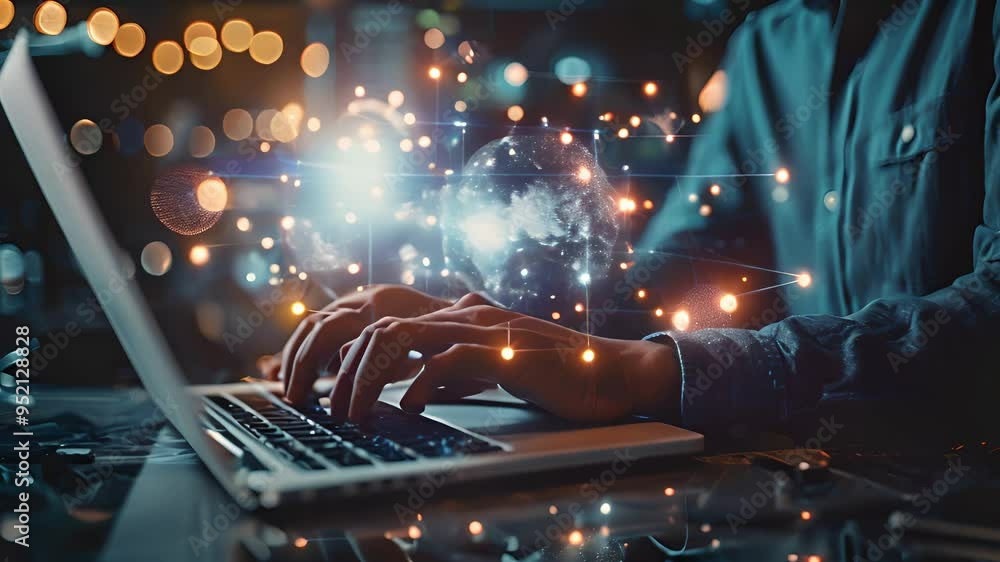 Poster a person works on a laptop, surrounded by glowing graphics representing global connections and data 
