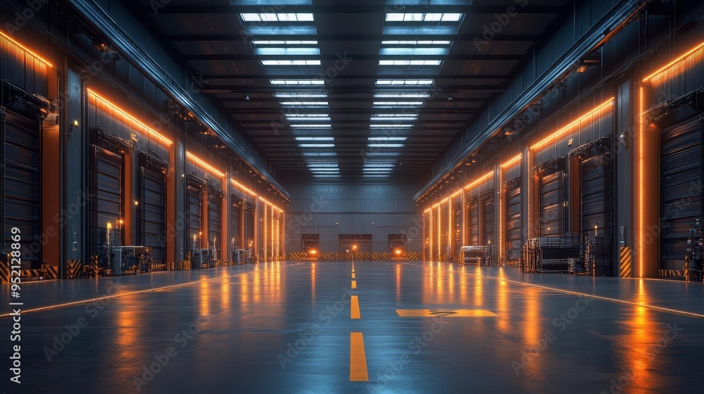 Poster a futuristic logistics center with aipowered coordination, robotic integration, and advanced design 