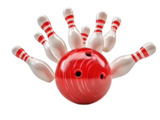 Bowling ball hits pins in a lively alley, transparent