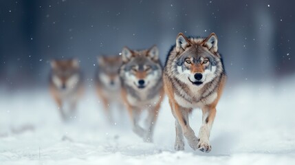 Fototapeta premium A captivating scene of wolves gracefully moving through snow, showcasing their strength and beauty in a winter landscape.