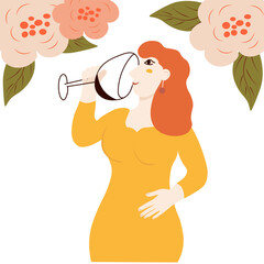 girl with a glass of wine. Vector stock illustration. Postcard for girlfriend. Label for a bottle of wine. Isolated on white background. 