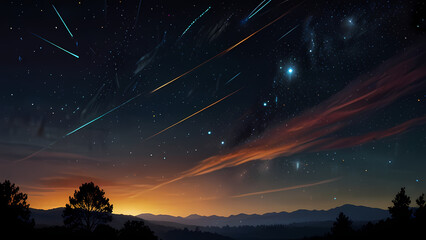 Obraz premium Abstract background illustrating multiple meteors falling towards a horizon